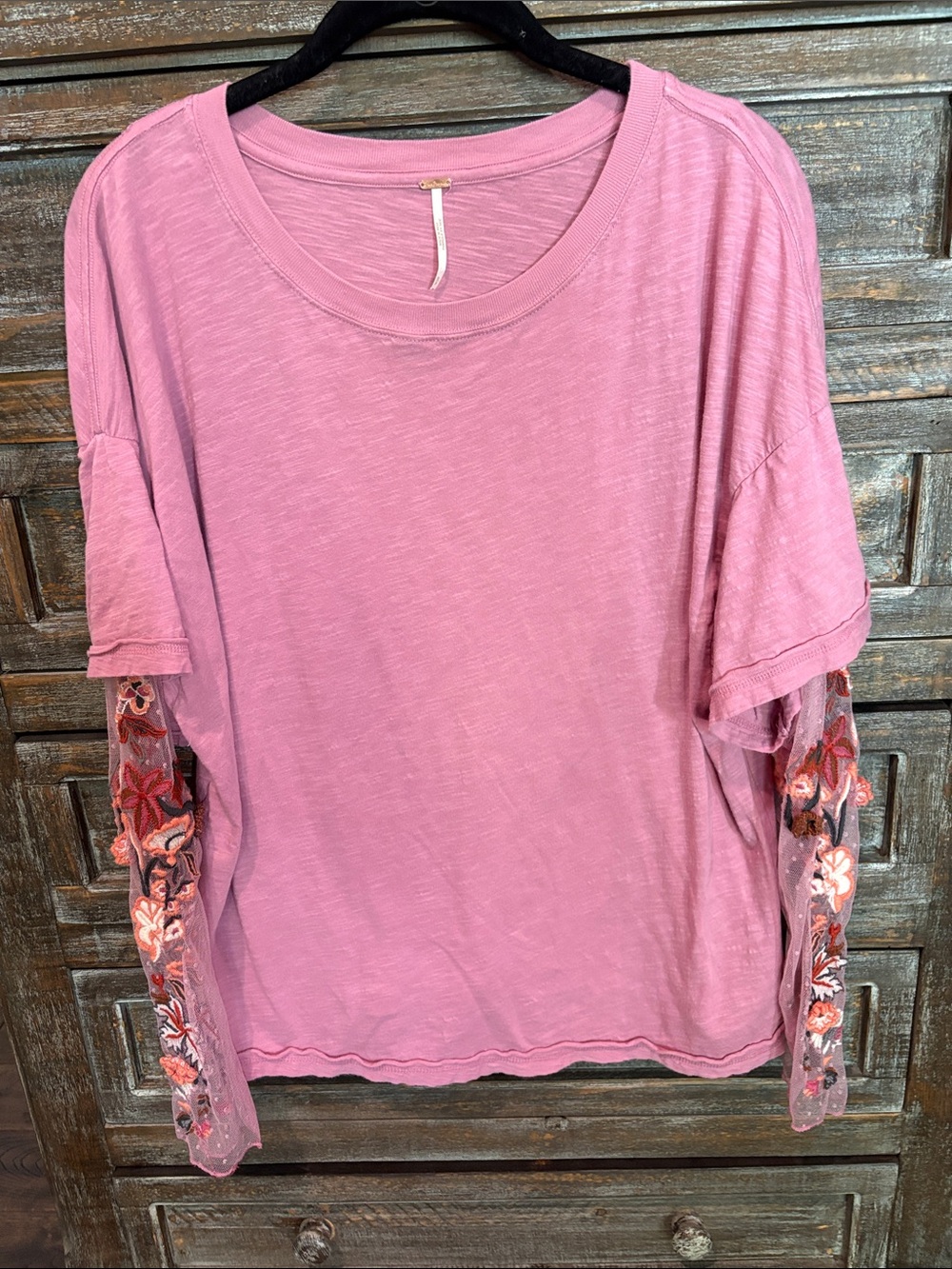 Free People Pink Short Sleeve Tee with Embroidered Mesh Sleeves